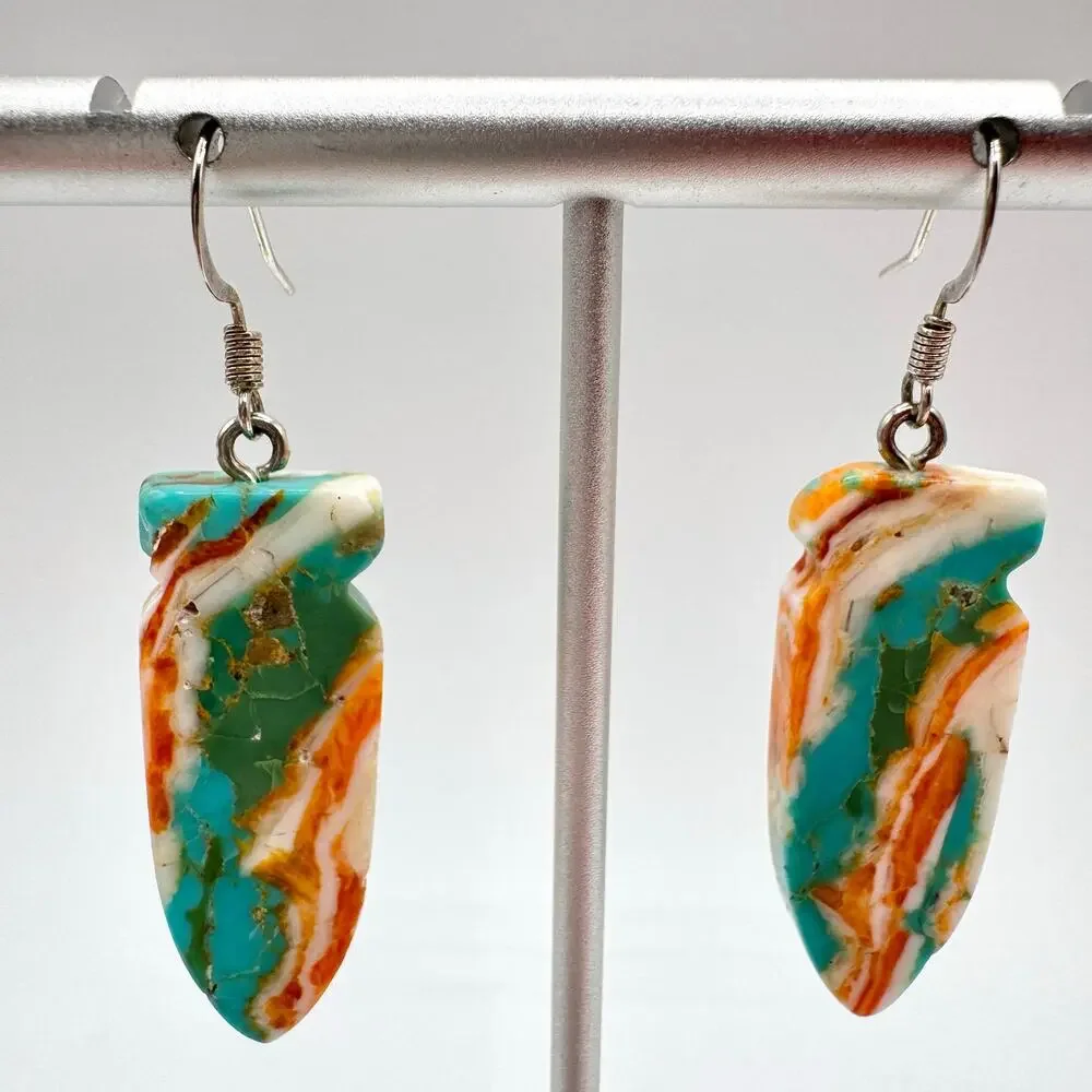 Turquoise Spiny Oyster Shell Carved Arrowhead Composite Slab Earrings Southwest - Picture 3 of 12